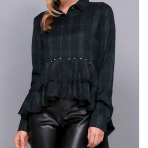 Do+Be Hi Lo Tails Ruffled Tiers Plaid Top Jacket Green Blue Studded Size Small